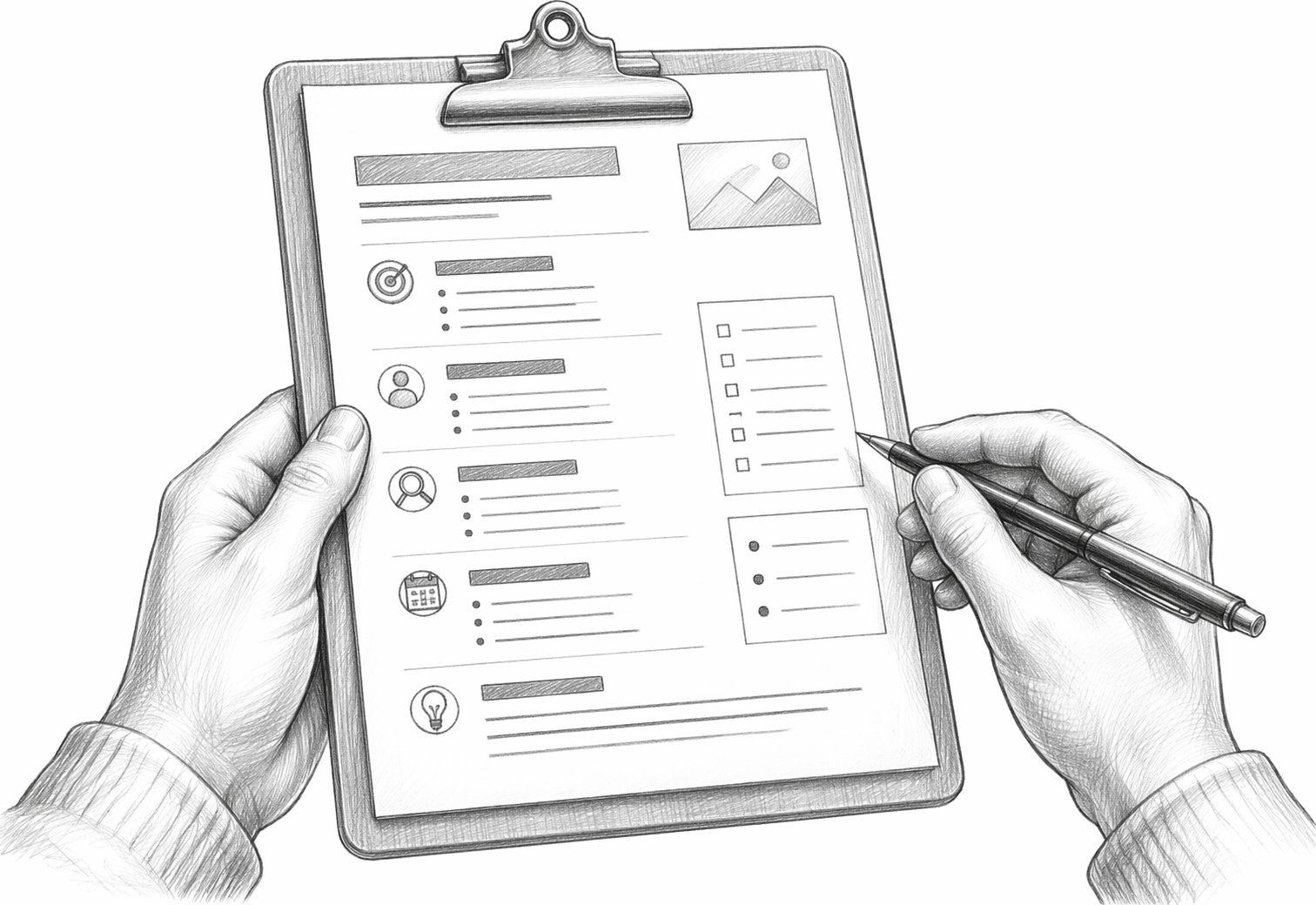 Pencil sketch of clipboard with content brief