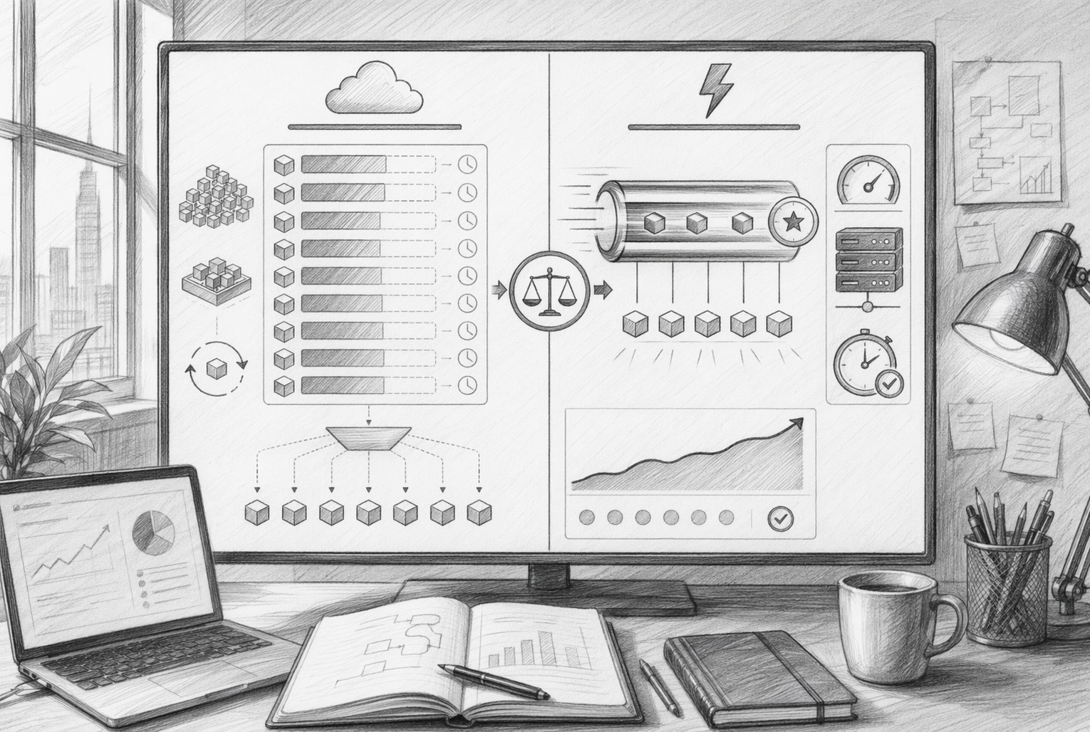Pencil sketch comparison of queued versus dedicated batch throughput