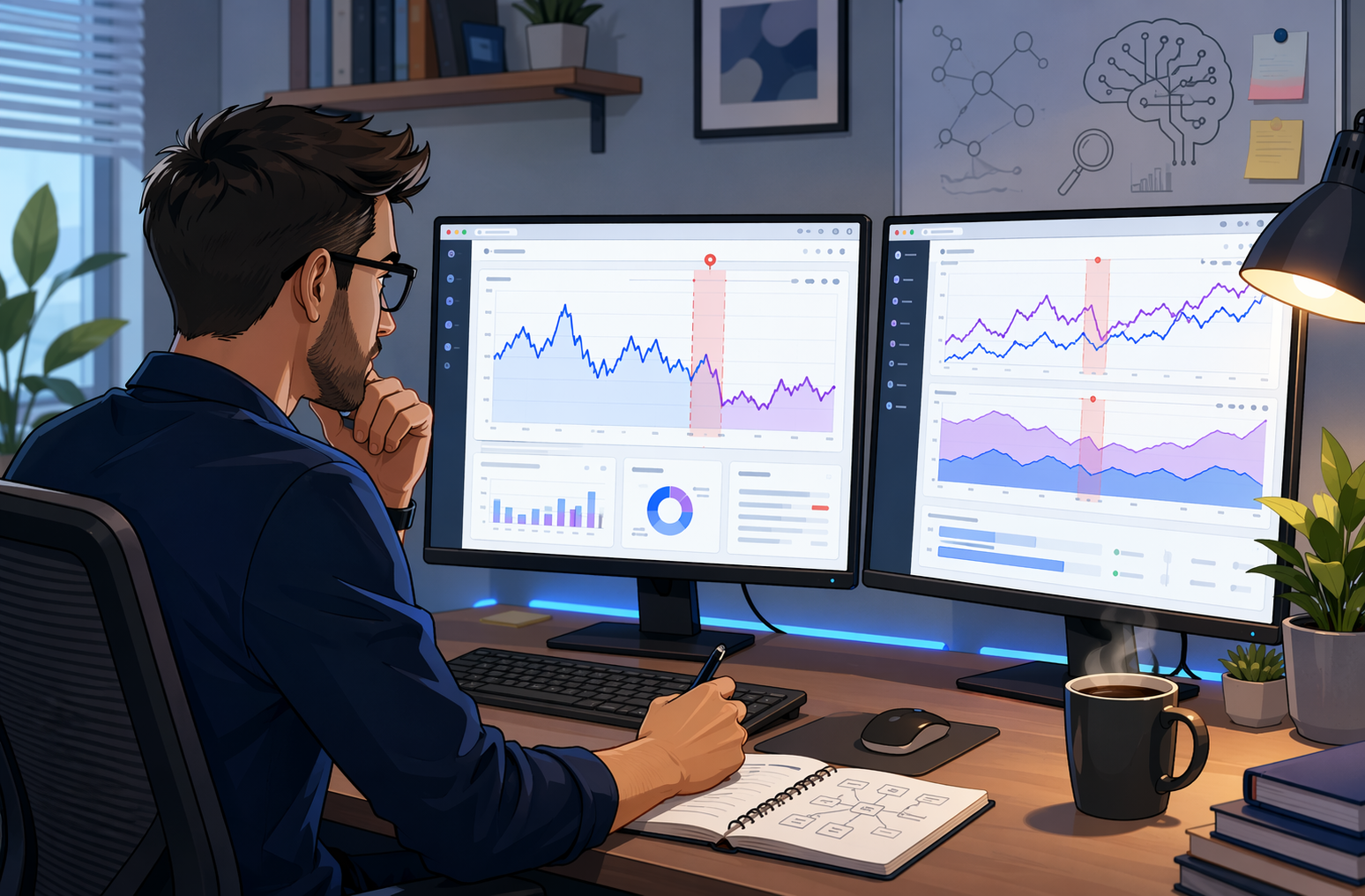 SEO editor analyzing Search Console data on dual monitors