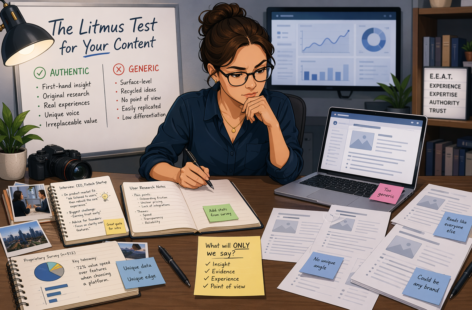 A content strategist comparing notes to generic drafts