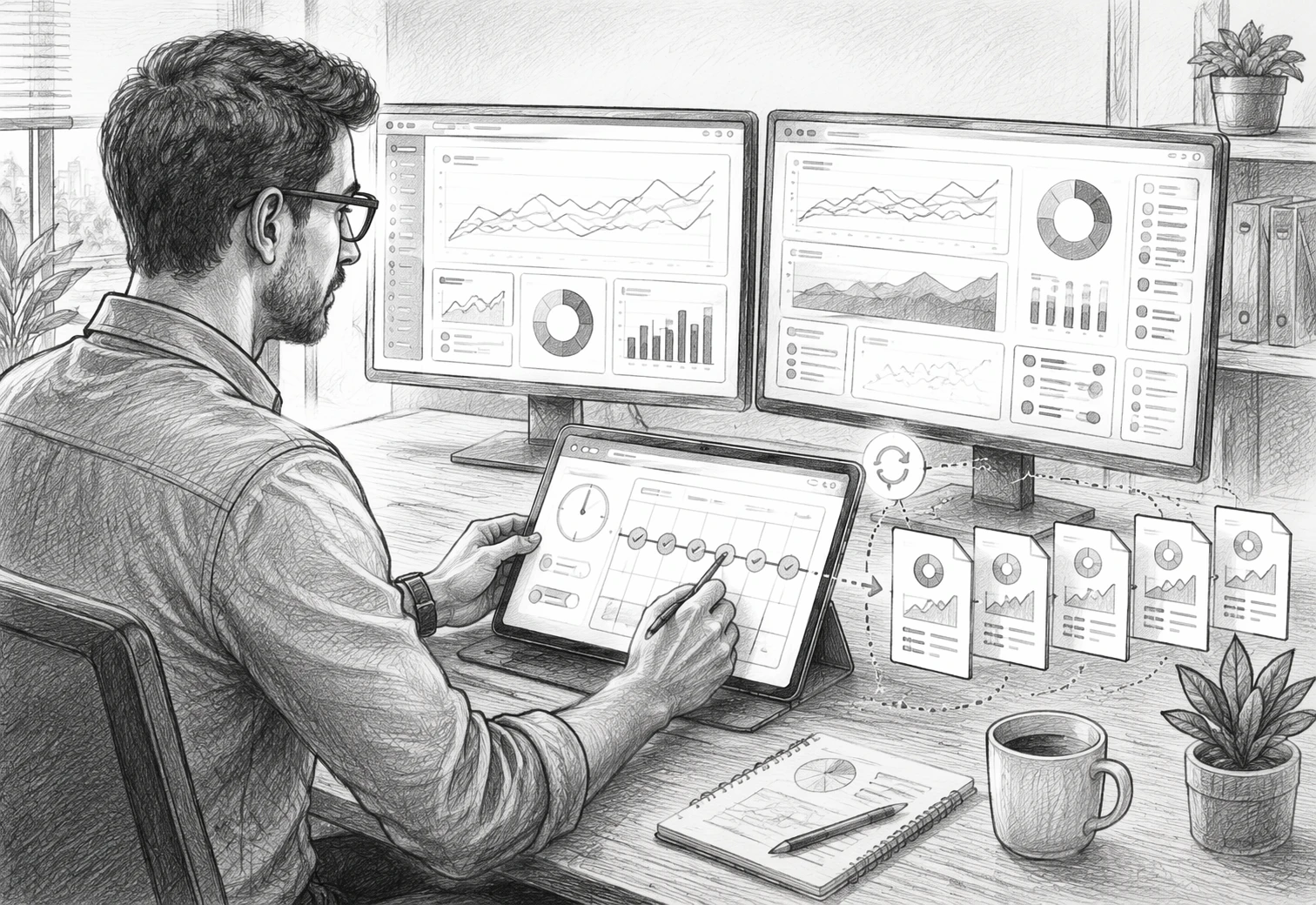Agency strategist scheduling recurring SEO reports on multiple screens