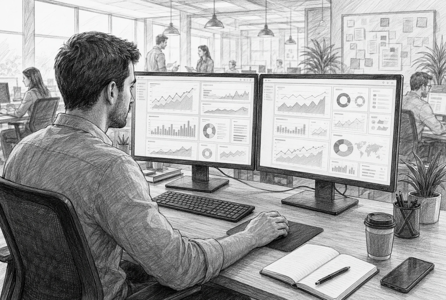 Account manager reviewing client ranking dashboards on dual monitors