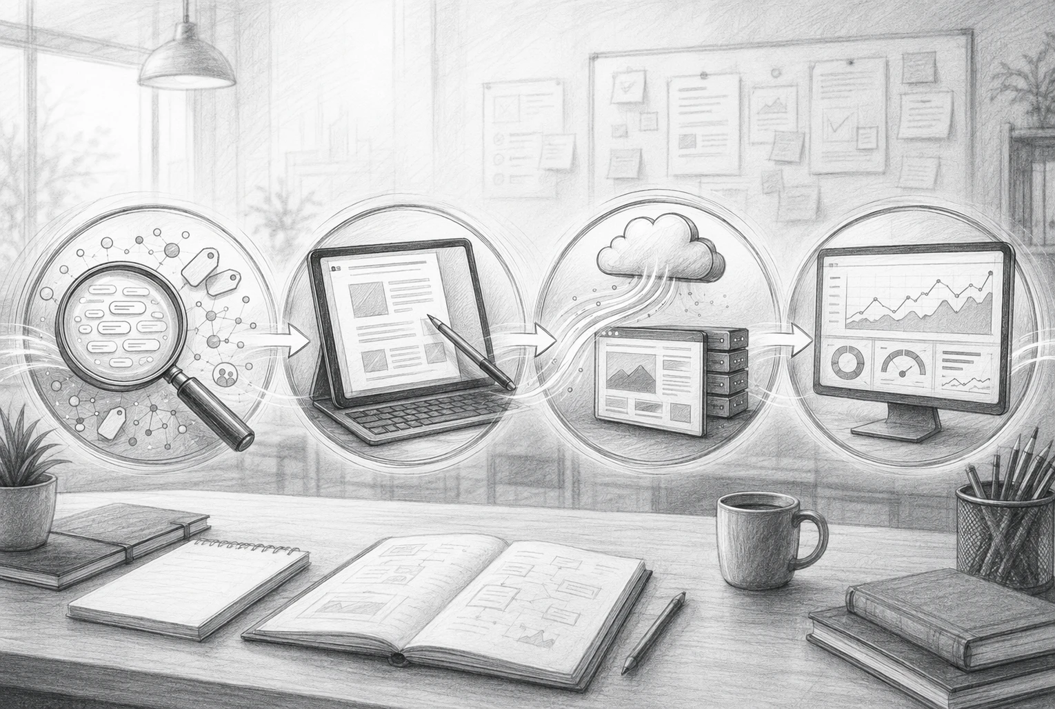Flowchart of SEO workflow steps with dashboards