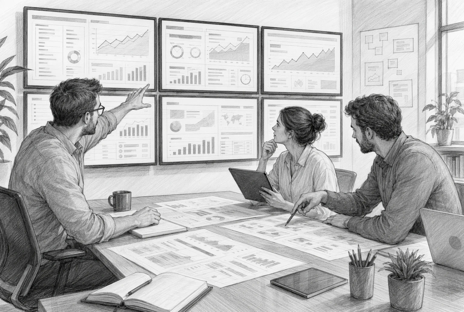 SEO team leads reviewing dashboards in meeting room
