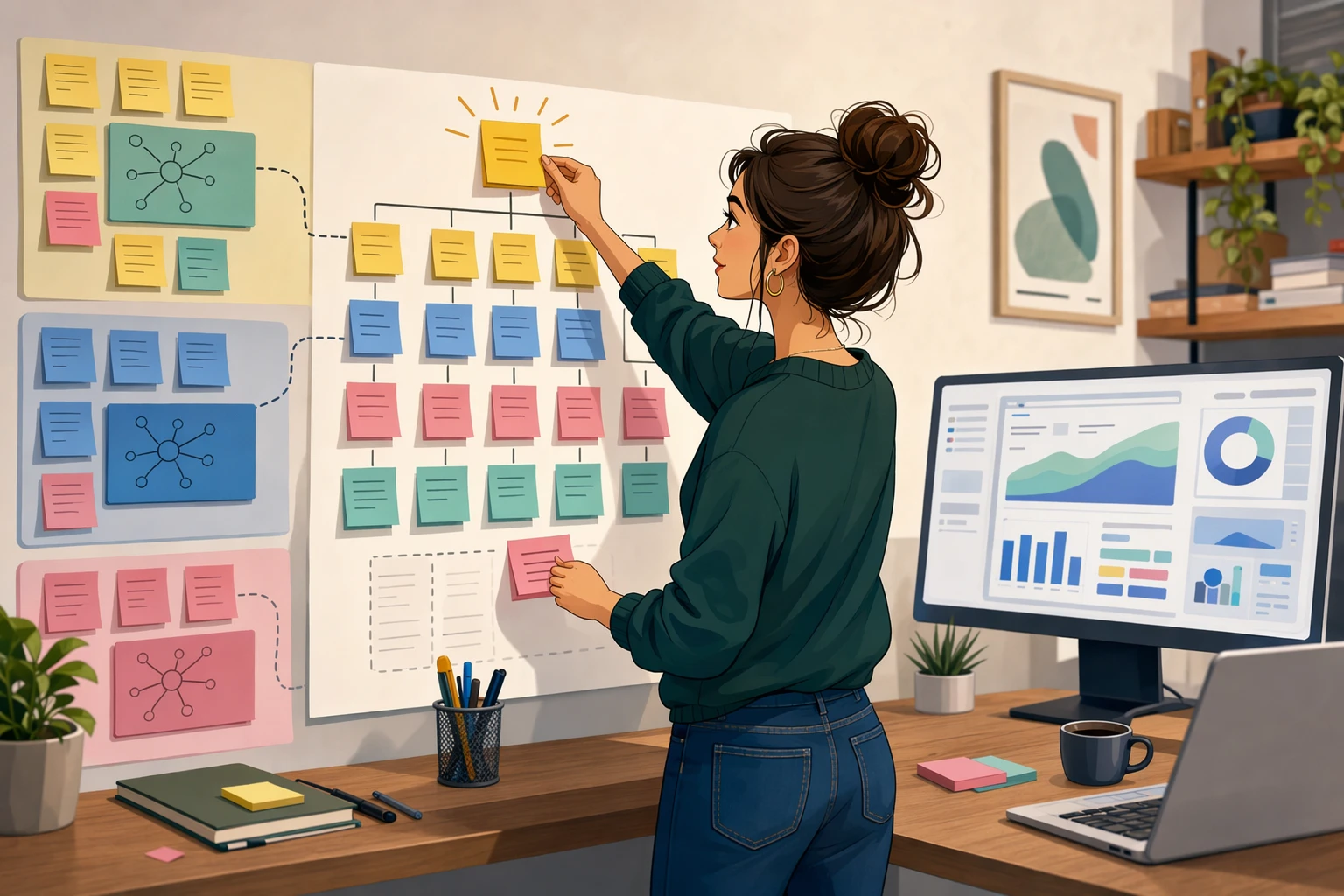 Content strategist refining AI outline beside analytics dashboard