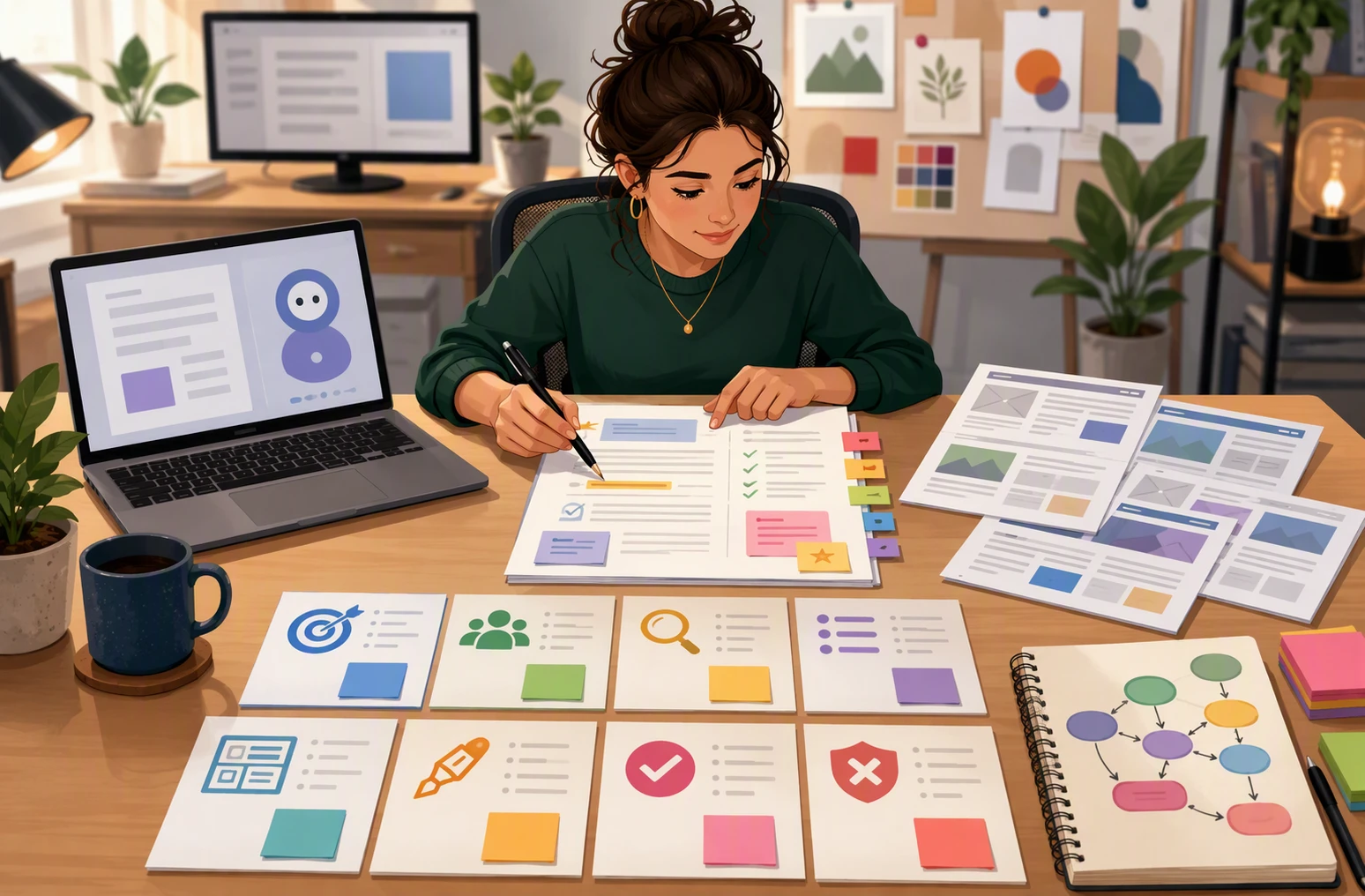 Content strategist reviewing AI article brief with SERP notes
