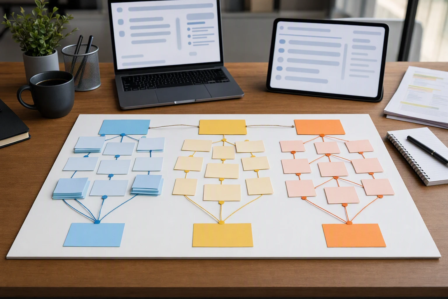 Flowchart with grouped keyword prompts on a workspace desk