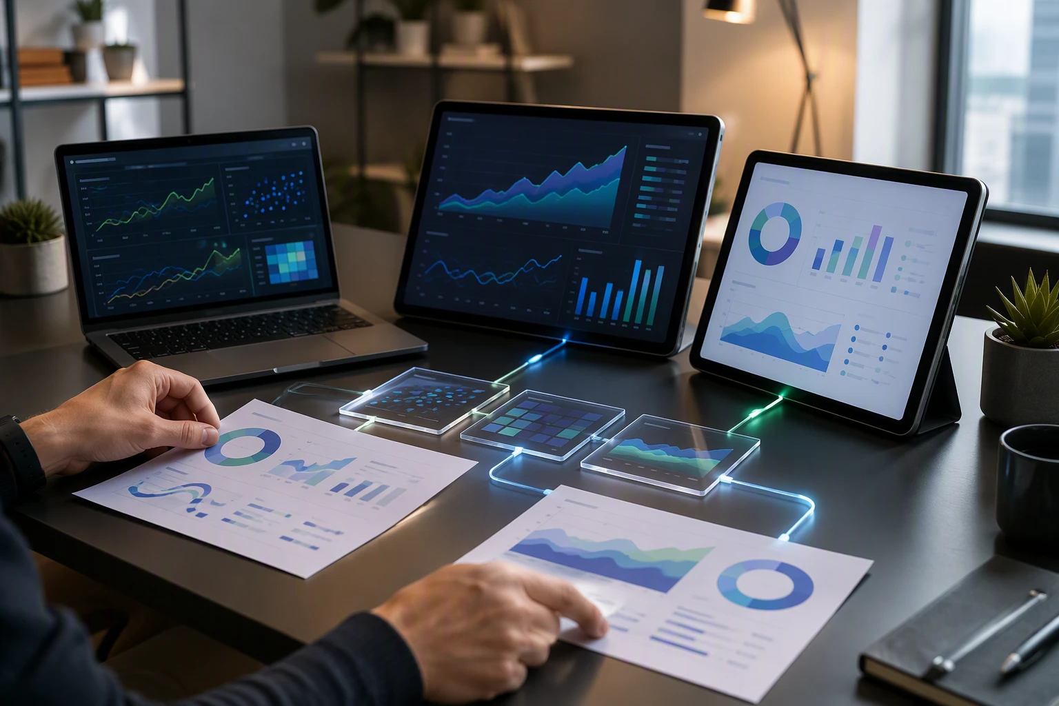 SEO workflow diagram with charts and dashboards