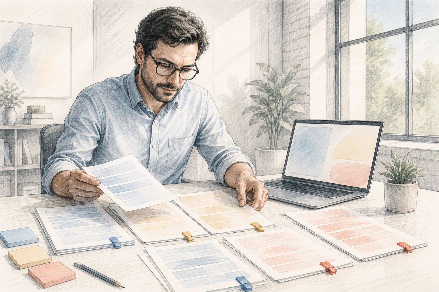 SEO strategist analyzing keyword clusters by laptop