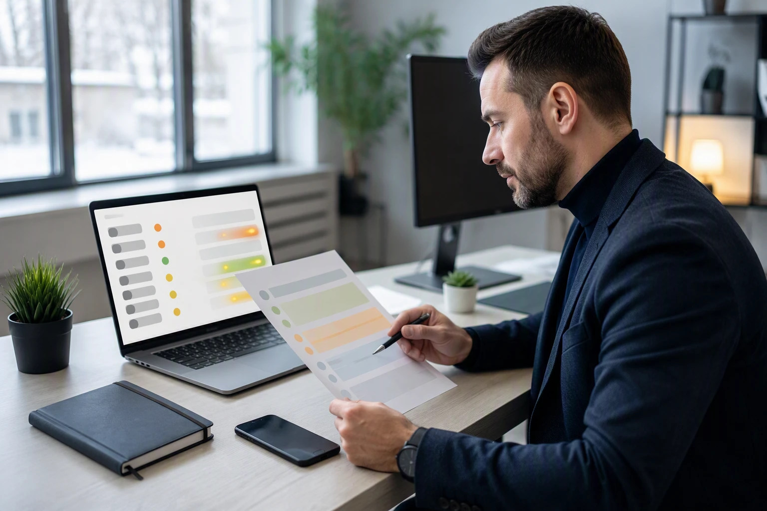 SEO manager analyzing rank alerts beside client report