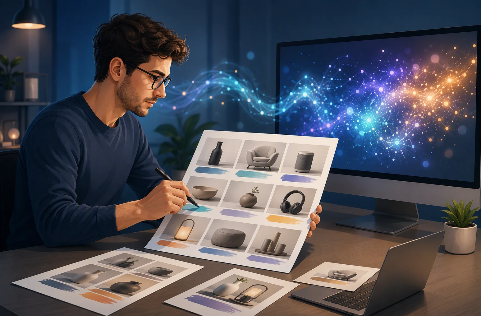 GEO specialist updating guide beside visibility dashboard