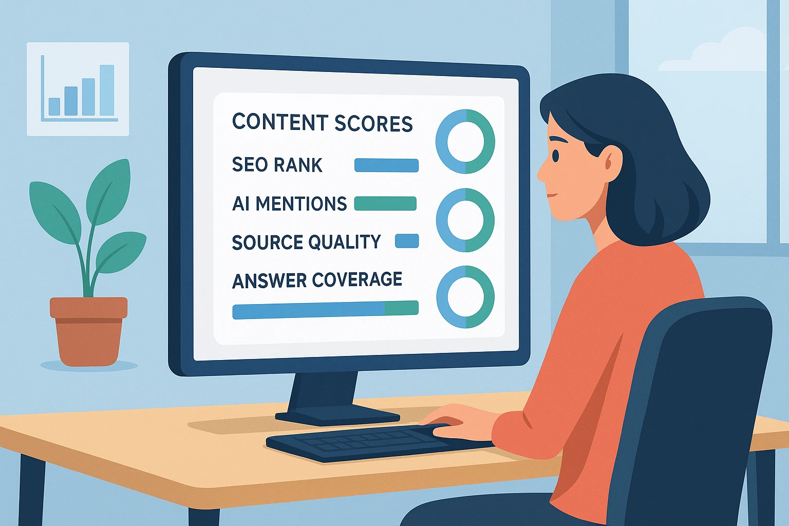 Cartoonish scorecard balancing SEO and AI metrics