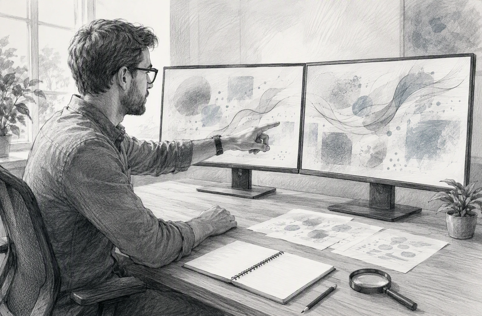 SEO strategist reviewing audit across dual monitors