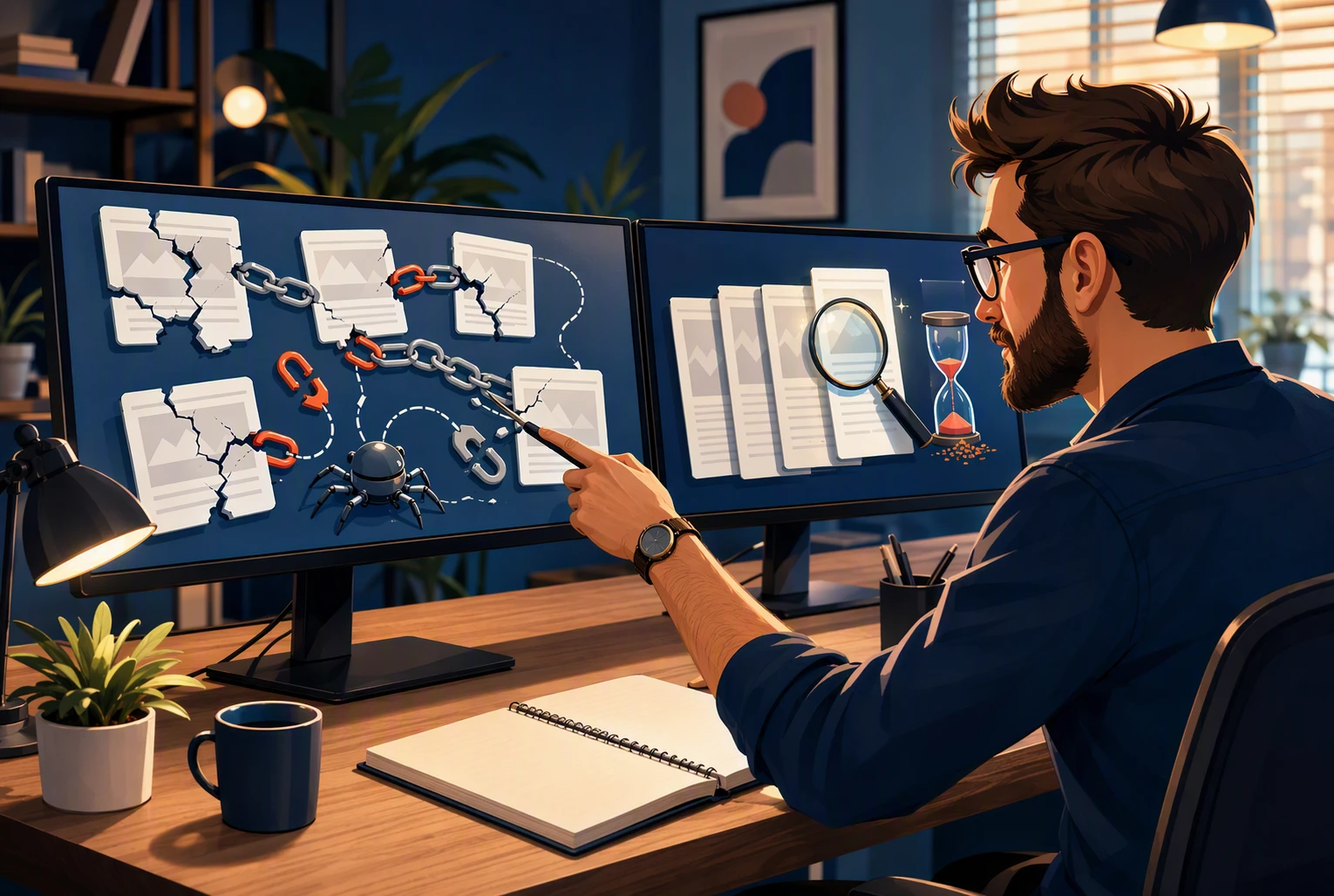 Cartoon analyst inspecting broken links on dual monitors