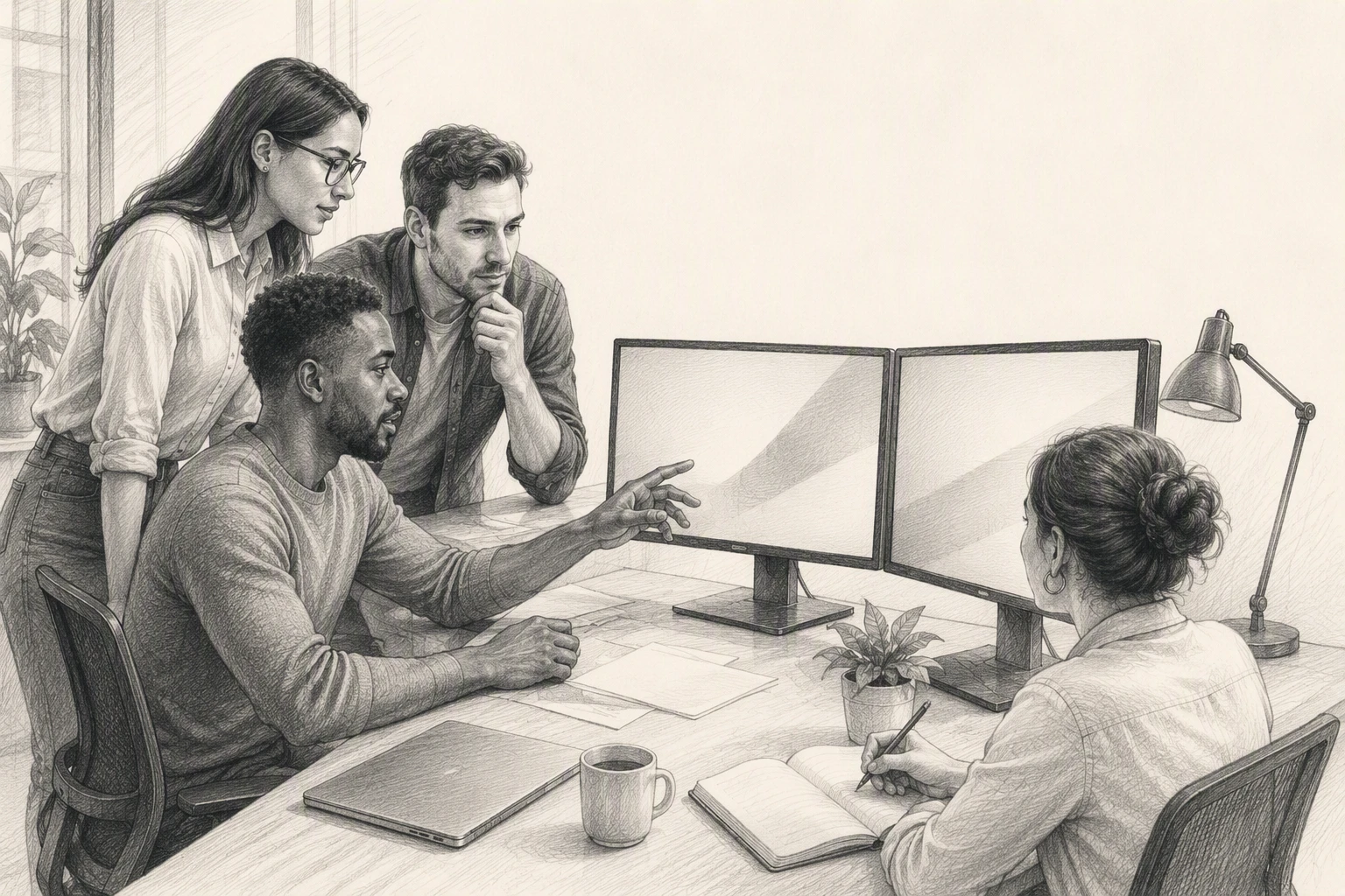 Two analysts reviewing dashboards on dual monitors
