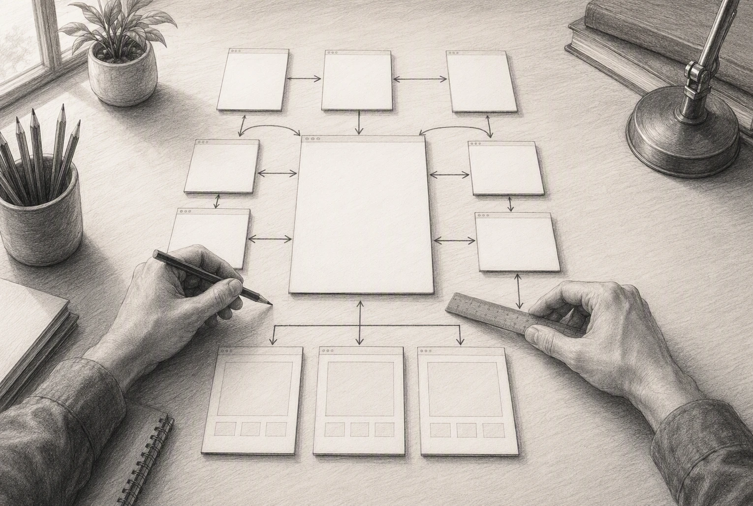 Pencil sketch flowchart linking pillar and product pages