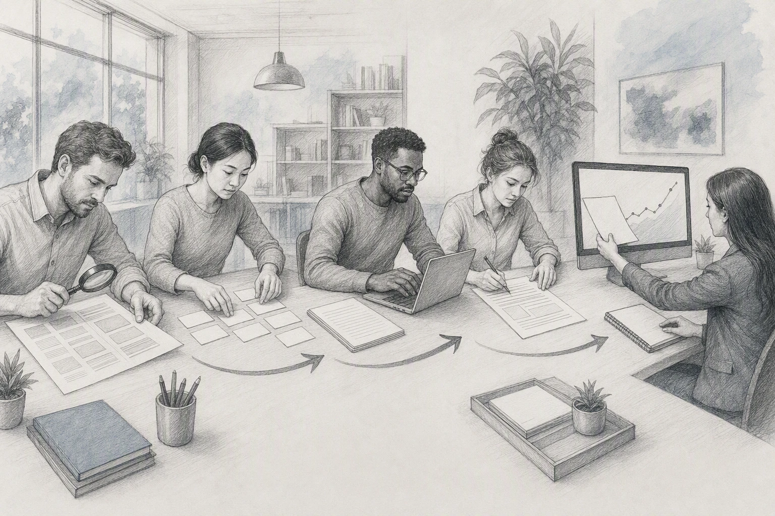 Pencil sketch of two workflow paths merging