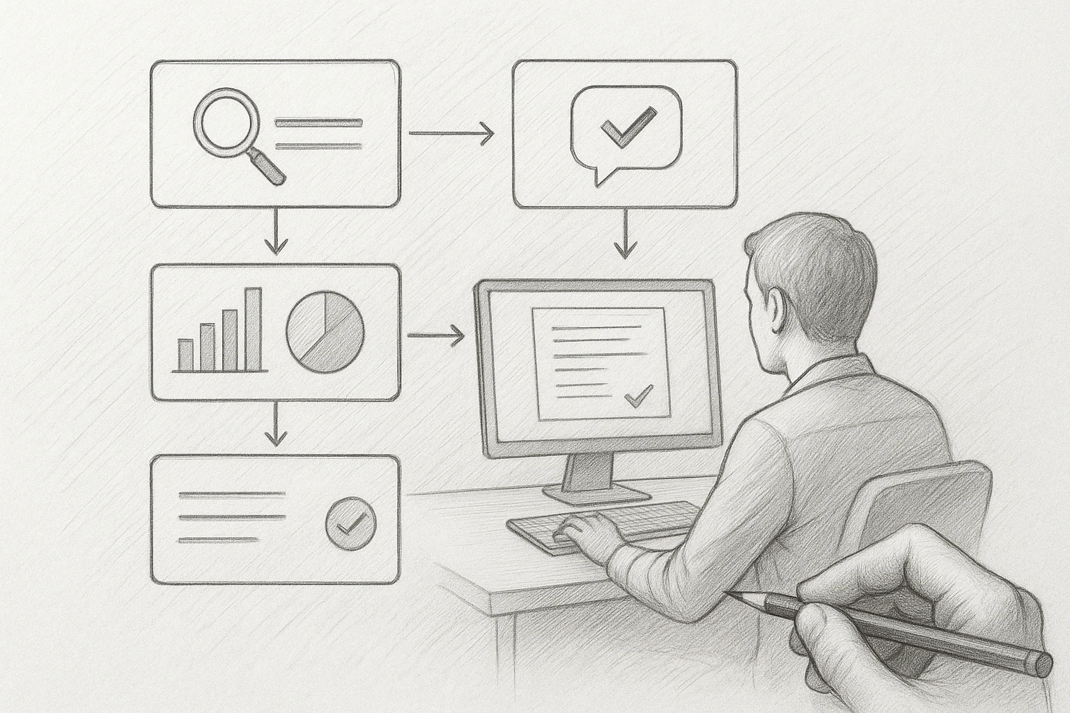 Pencil sketch of keyword research flowchart