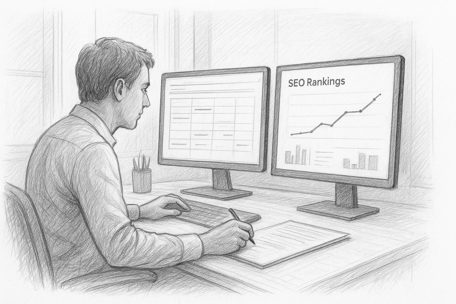Content manager reviewing rankings beside editorial calendar
