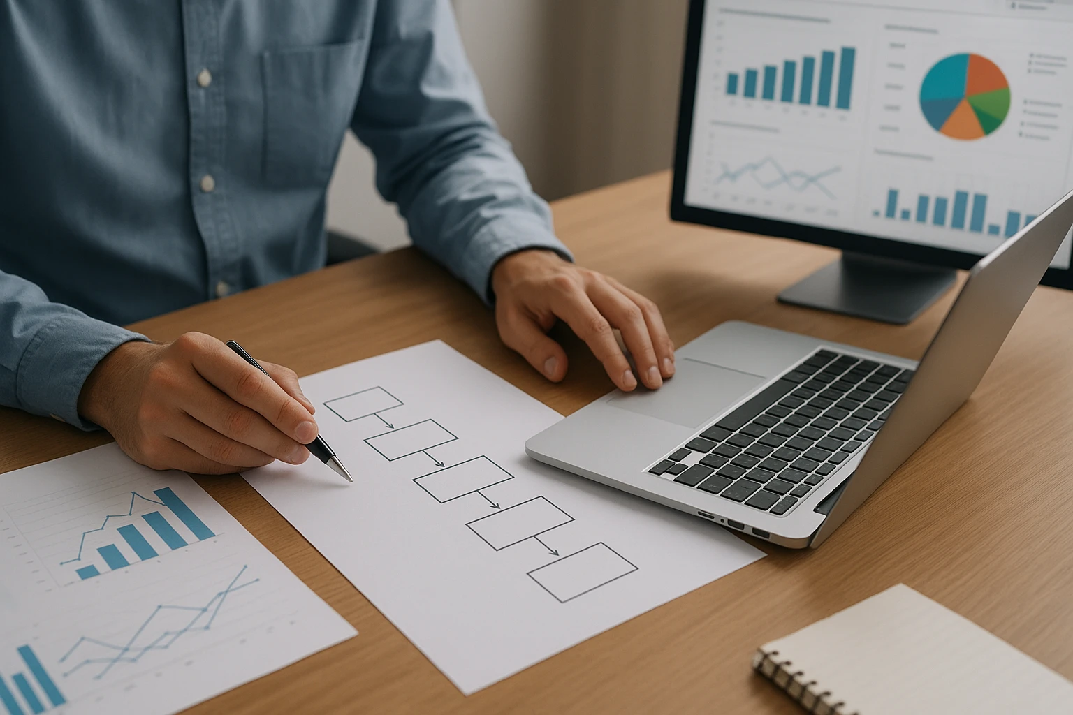 Five-step buyer test flowchart on desk