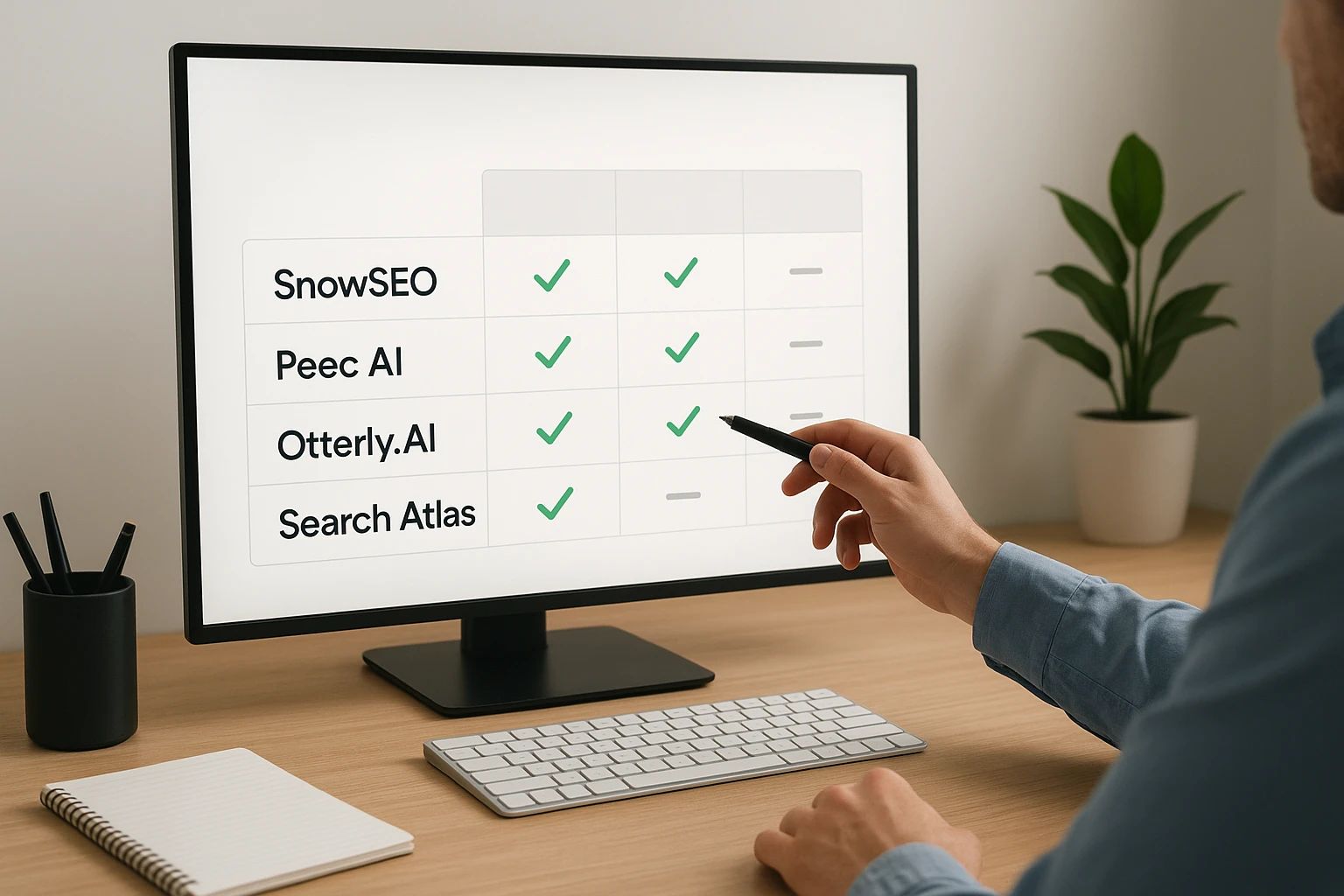 Modern office desk with analytics dashboard and search tools