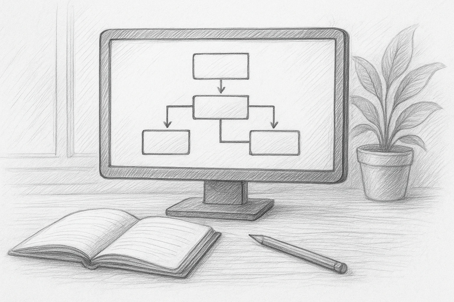 Four-step flowchart with pencil sketch style