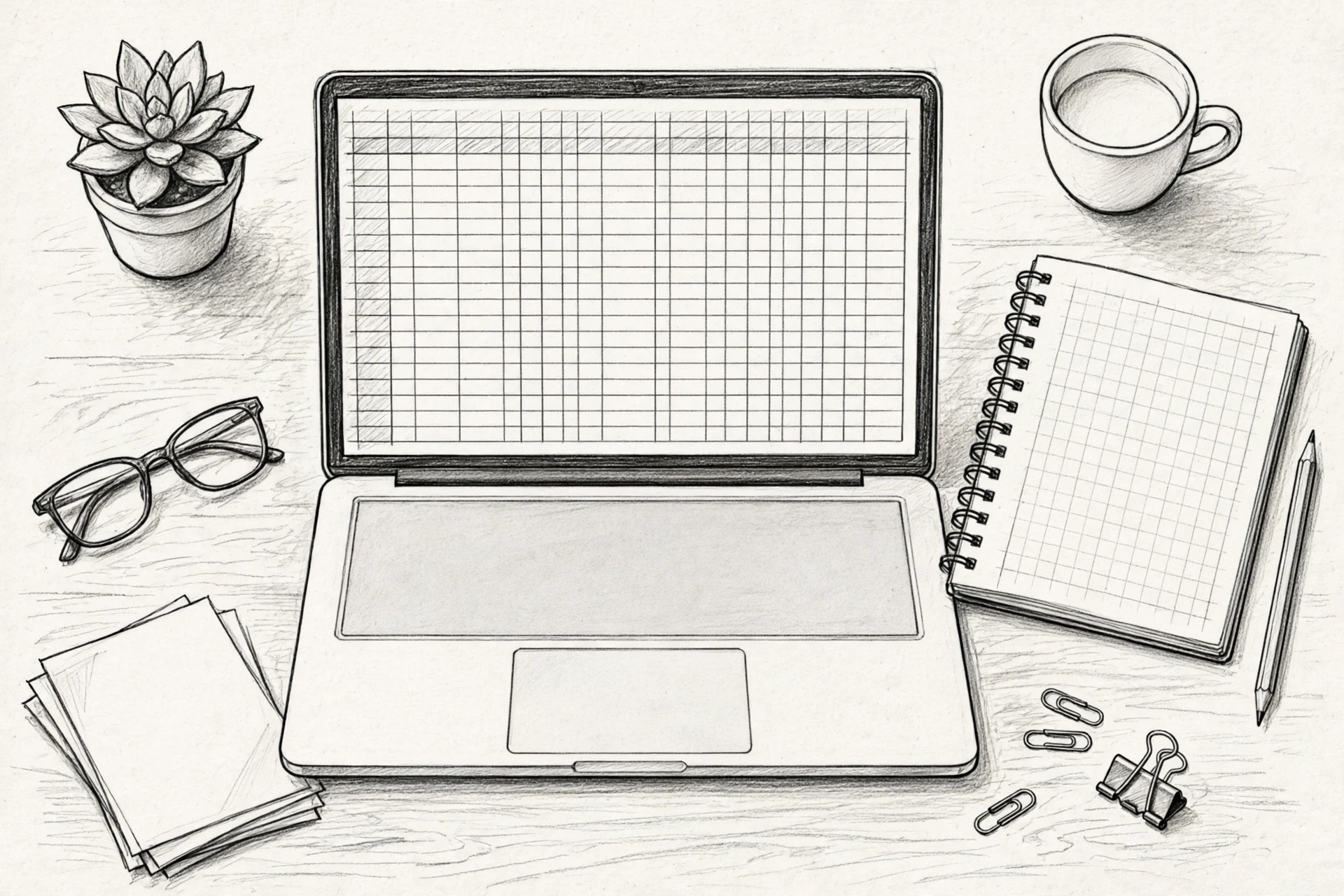 Pencil sketch of laptop with citation spreadsheet
