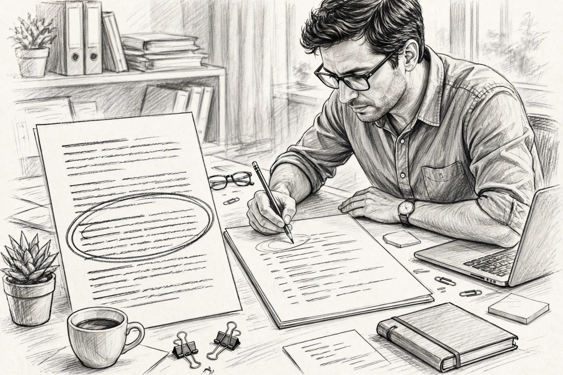 Marketer revising weak paragraph with pencil sketch